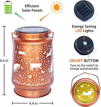 2 Pack Cat Solar Lanterns Outdoor Waterproof Hanging Solar Lights Cat Gifts for Women Men Metal Decorative LED Cat Lanterns for Garden Decor,Yard,Patio,Lawn,Tabletop,Pathway,Landscape