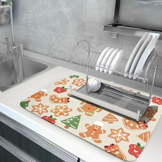 Christmas Dish Drying Mat for Kitchen Counter 18x24 Cute Gingerbread Themed
