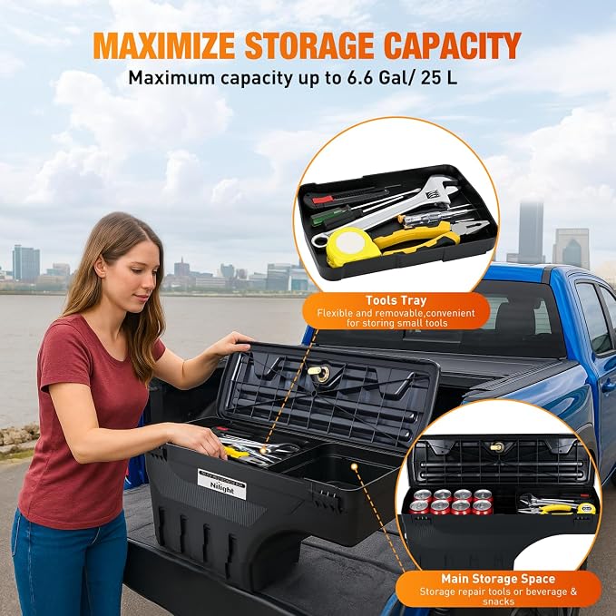 Nilight Truck Bed Tool Box Left Drivers Side Truck Tool Box Fit for Dodge Ram 1500 2500 3500 2002-2018 ABS Swing Case Truck Bed Storage Box w Lockable Lid Waterproof Wheel Well Toolbox, without Rambox