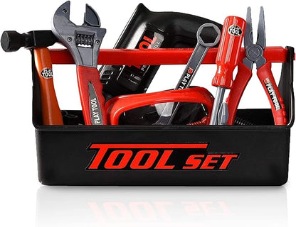 Playkidz Tool Box for Kids 22-Piece Boys & Girls Construction Toy Playset w/Carry Chest, Working Push Button Power Drill, Hammer, Screwdriver, Wrench, Pliers, Saw & Other Realistic Tools Ages 3+