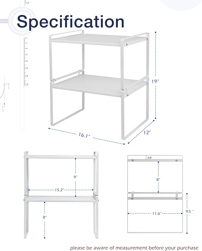 Nxconsu 2Pack Cabinet Shelves Stackable Shelf Organizer Rack Riser for Kitchen Cabinet Pantry Cupboard Counter Countertop Home Organization Storage Space Saver Heavy Duty Metal Nonslip White Wide Tall