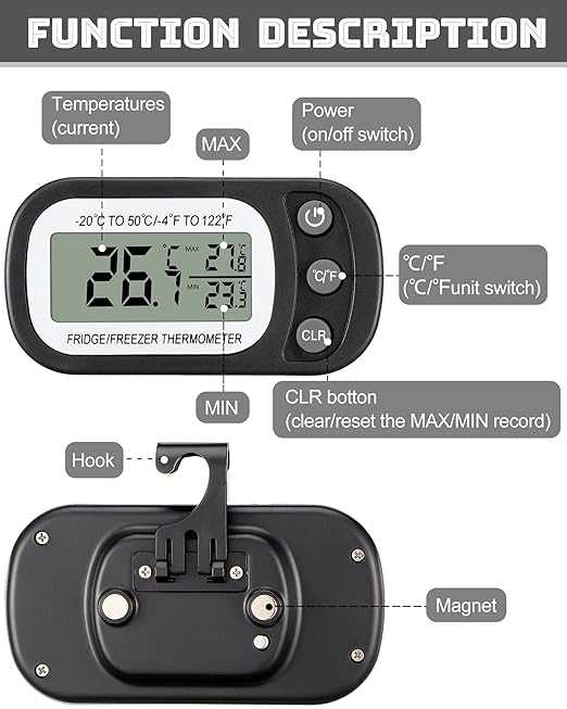 Frienda 12 Pack Black Digital Fridge Thermometer Waterproof Refrigerator and Freezer Room Max/min Record Function LCD Screen Refrigerator Thermometer with Hook and Magnetic Back for Home