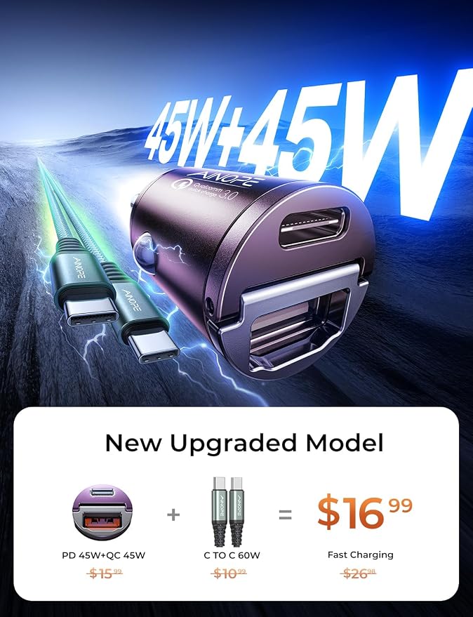 AINOPE 90W Super Fast Car Charger, Invisible USB C 45W Car Charger Fast Charging Type C, [Mini&Metal] Cigarette Lighter USB Adapter Fits Samsung Galaxy S25 Ultra S24 iPhone 16 15 Pro Max Piexl, Purple