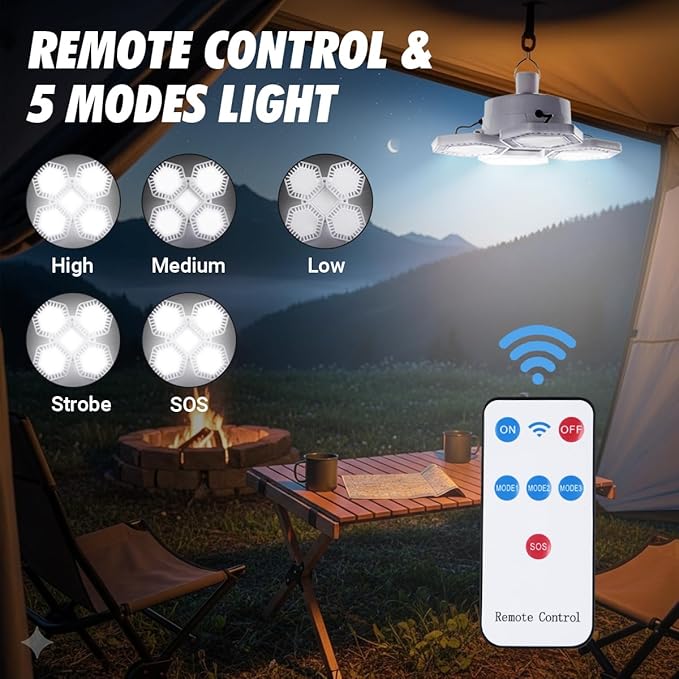 Solar Camping Light with Remote Control - Folding USB Rechargeable Lantern, 360°Lighting Waterproof Hanging Tent Light Outdoor Lamp for Camping, Hiking, Outage, Emergency, Hurricane (169 LEDs)