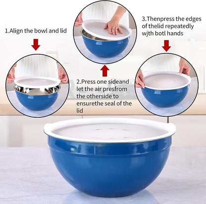 Blue Mixing Bowls with Lids Set of 7, Stainless Steel Nesting Bowl with Khaki Lid for Non-slip Mixing Prepping Storing Serving, 7 Sizes-7/3.6/2.7/2.1/1.5/1/0.8 QT