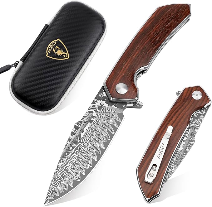 AUBEY Damascus Pocket Knife with Clip, Damascus Steel Blade Folding Knives with Ball Bearing, EDC Knife for Outdoor Camping Collection (Wooden Handle)