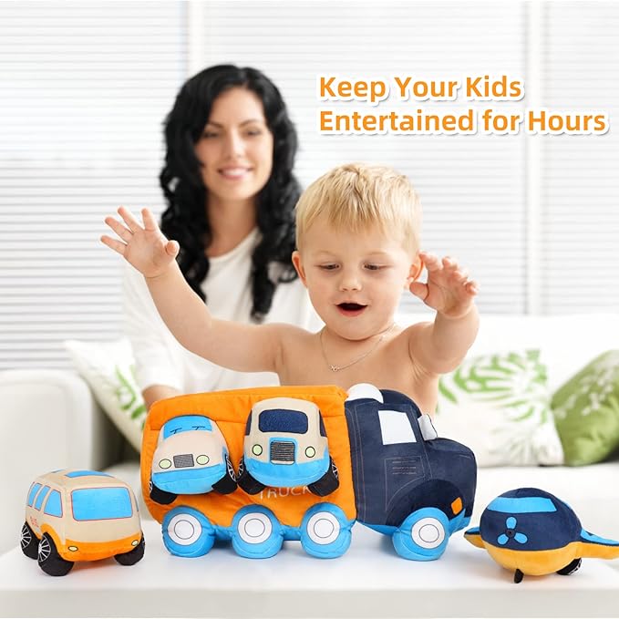 Muiteiur Big Car Stuffed Plush Toy, Soft Truck Toy Set with 4 Stuffed Baby Vehicles Toys Include Taxi Bus Airplane Tanker, Cute Cartoon Plush Gift for Kids Babies (15.7inch)