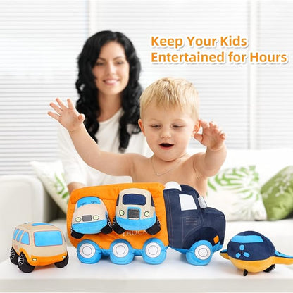 Muiteiur Big Car Stuffed Plush Toy, Soft Truck Toy Set with 4 Stuffed Baby Vehicles Toys Include Taxi Bus Airplane Tanker, Cute Cartoon Plush Gift for Kids Babies (15.7inch)