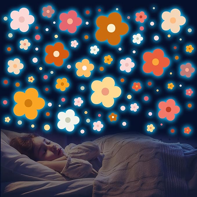 Glow in The Dark Y2k Cute Flowers Wall Decals，Glowing Luminous Colorful Boho Floral Wall Stickers Removable self-Adhesive Flower Decals for Girls Bedroom Kids Baby Nursery Living Room (Classic Color)