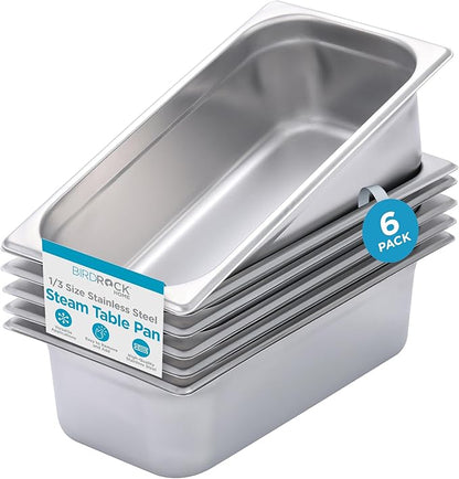 BIRDROCK HOME Stainless Steel Steam Table Pan - Hotel, Restaurant & Catering Supplies - 24 Gauge Steel, 4.1 qt Capacity - Meal Prep, Cooking, &Food Storage Container - 4" Depth, 1/3-Size (6 Pack)