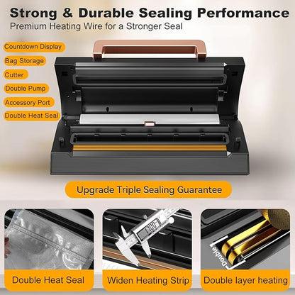Powerful Suction Vacuum Sealer Machine,Commercial Fully Automatic Food Vacuum Sealer with Double Heat Seal,Dry & Moist Modes,Built-in Cutter,Bags Storage,Easy-Lock Handle,Include 2 Bag Rolls (Black)