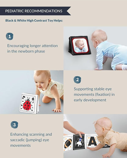 High Contrast Black and White Baby Toys for Newborn 0-6 Months – Contrast Cards & Sensory Baby Book with Mirror – Tummy Time Infant Toys for Visual Stimulation, Early Learning & Brain Development