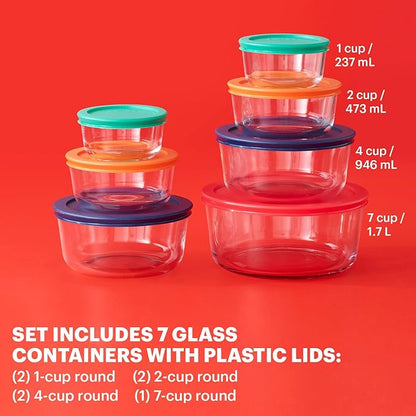 Pyrex Simply Store (7-Pack) Glass Food Storage Containers Set, (1, 2, 4 & 7 Cup) Meal Prep Containers With BPA-Free Lids, Dishwasher & Microwave Safe