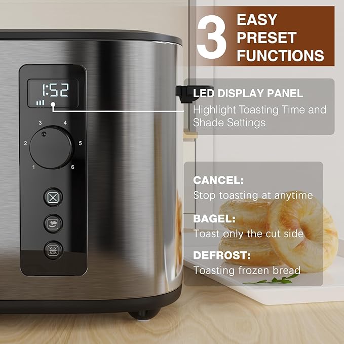 Toaster 4 Slice with Countdown Timer, Extra Wide Slots