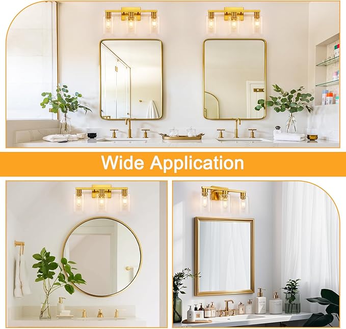 SOPEAS Gold 3-Light Bathroom Vanity Light, Modern Brushed Gold Vanity Lights
