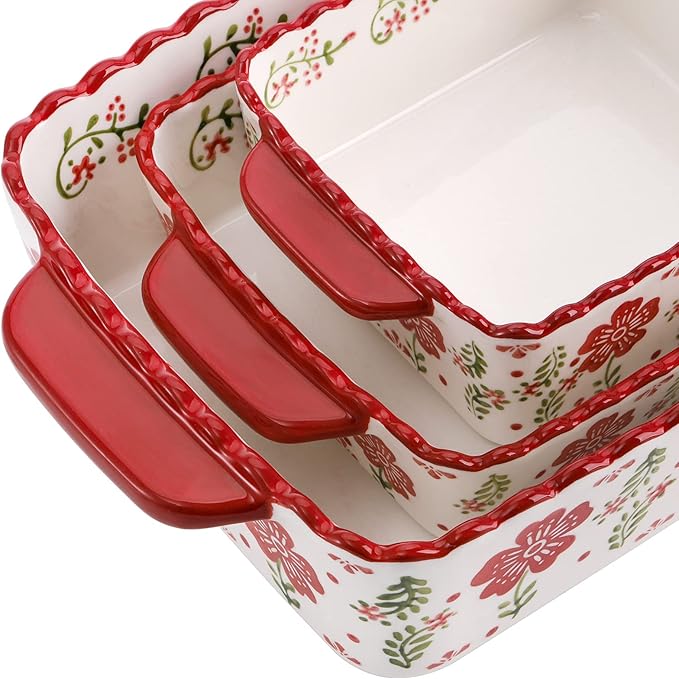 Coloch 3 Pack Ceramic Baking Dishes, Rectangular Bakeware Set Hand-painted