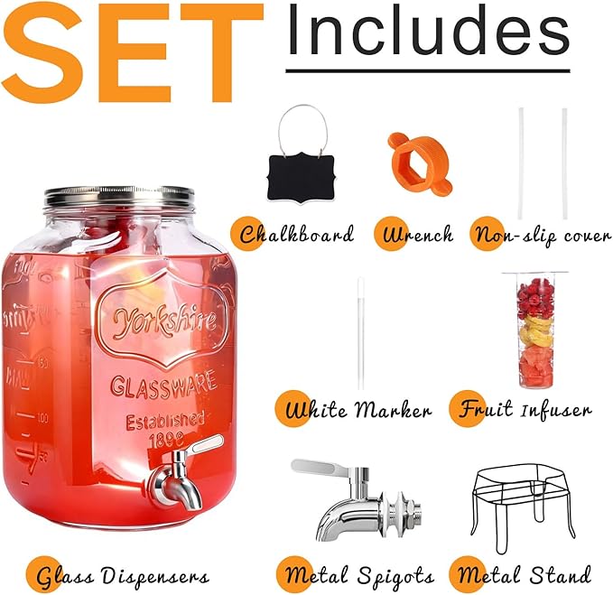 2 Gallon Glass Drink Dispenser, Beverage Dispenser