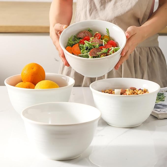 Hasense Soup Bowls, 40 Ounce Large Cereal Bowls for Kitchen, 7 Inch Ceramic Serving Dishes for Salad Pasta Oatmeal, Dishwasher and Microwave Safe, Clay-Infused White