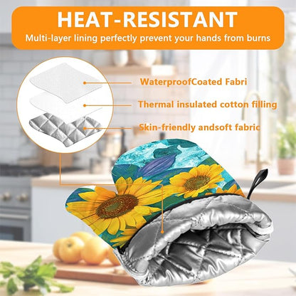 Sunflower Oven Mitts and Pot Holders Sets 4Pcs, Extra Long Oven Gloves Potholder