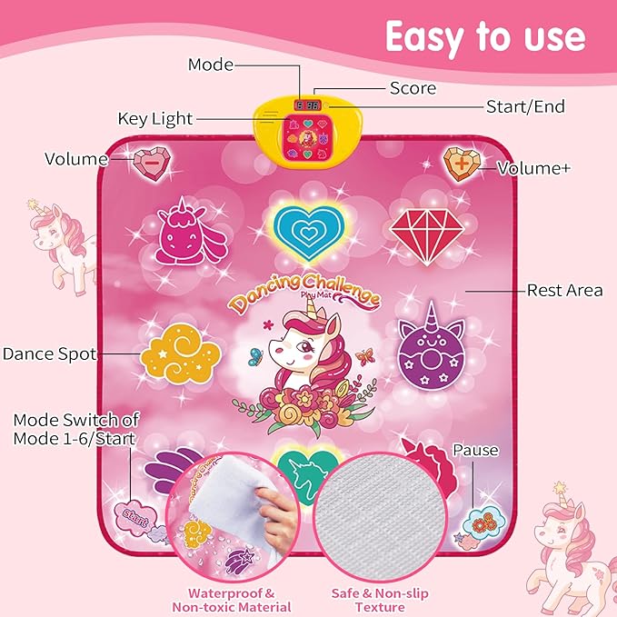 Unicorn Dance Mat Toys for 3-12 Year Old Girls, Dance Pad with LED Lights, Built-in Music, 6 Game Modes, Electronic Dancing Mat as Christmas Birthday Gift for 3 4 5 6 7 8 9+ Girls (Pink)