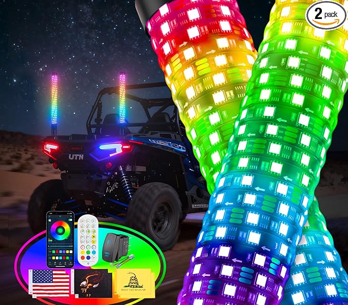Ehaho 2PCS 1FT Fat Whip Lights for UTV ATV, Led Fatty Whip Light W/Rocker Switch & 6 Flags, Brighter Spiral Chasing Lighted Antenna Whip with APP & Remote Control for RZR SXS