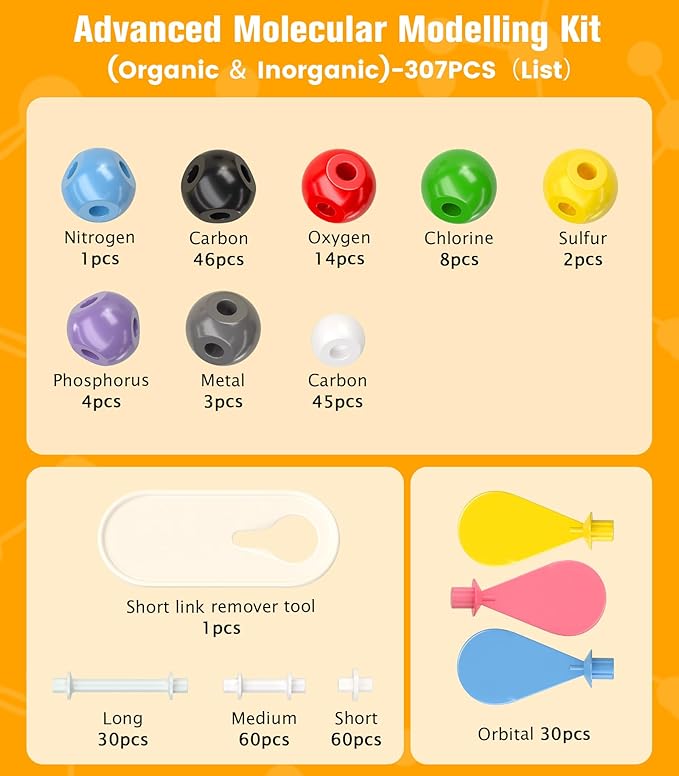 Organic Chemistry Model Kit with P Orbitals-307 PCS,Portable Molecular Model Kit for Chemistry Classes,Atomic Element Model Set for Organic＆Inorganic Learning,Supply to Students ＆ Teachers