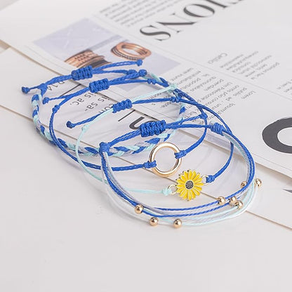 FANCY SHINY Sunflower String Bracelet Boho Braided Rope Wrap Bracelets Cute Summer Beach Surfer Jewelry for Women Christmas Gifts