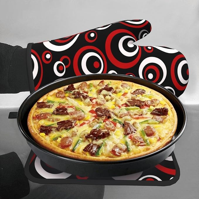 Retro Red Circles Oven Mitt and Pot Holder Set