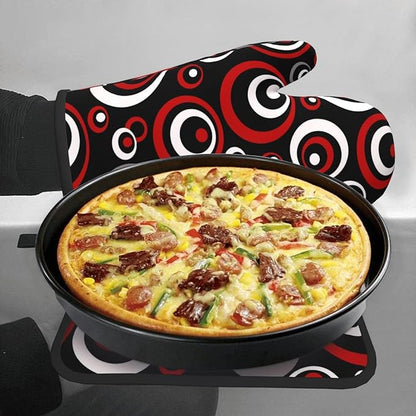 Retro Red Circles Oven Mitt and Pot Holder Set