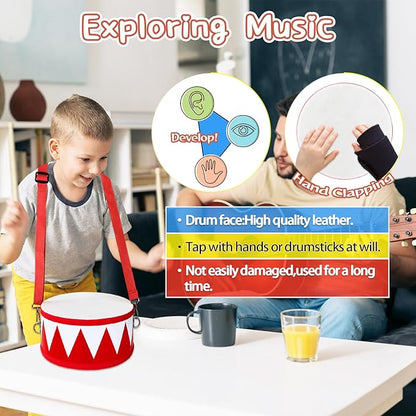 Kids Drum Set,8 in Wooden Toy Drum Set,Educational Baby Musical Toys Drum with Adjustable Strap 2 Drumsticks,Sensory Musical Instrument Drum Toy for Toddler Boys & Girls Gift(Red)