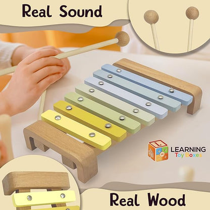 Natural Wood Baby Toys - Musical Toys for Toddlers 1-3: Toddler Musical Instruments Set of 5 in 1, with a Tambourine, Egg Shaker, Castanet, Maracas and Xylophone for Kids at All Ages