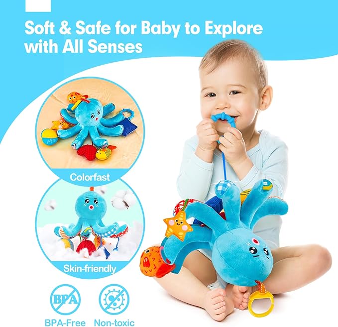 hahaland Baby Toys 0-6 Months - Car Seat Toys Octopus Toy with Pulling Cords, Squeaky, Crinkle, Rattle, Mirror, Montessori Newborn Sensory 4 Month Babies Gift Stroller Carseat Hanging Toy for Baby Gym