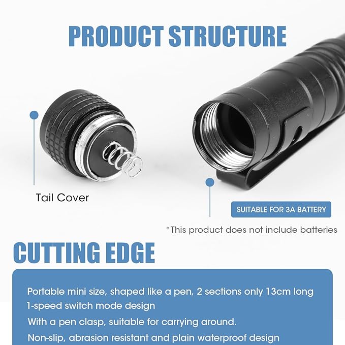 5.1" Mini Pocket Flashlight, Small LED Pen Light with Clip, 500 Lumen Torch White Light Powered by AAA Battery, Portable Versatile for Inspection Medical Repair Camping Outdoor Emergency