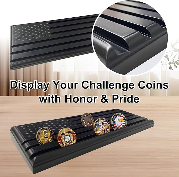 6-Row Military Challenge Coin Display Stand - Challenge Coin Holder with Rustic for Collectors Organize Medals & Memorabilia - Coin Holder for Home, Office, Showcase (Holds 30-36 Coins, American Flag ) (Black)