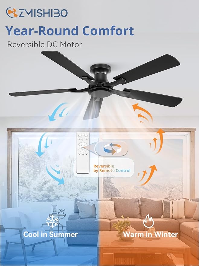 ZMISHIBO 52 Inch Ceiling Fan No Light, Flush Mount Low Profile, Modern Black