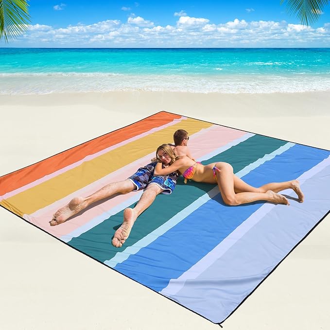 Beach Blanket Waterproof Sandproof Beach Mat 79" X 83"/10'x9'for 2-8 Adults Quick Drying Outdoor Picnic Mat Beach Accessories for Travel, Camping, Hiking