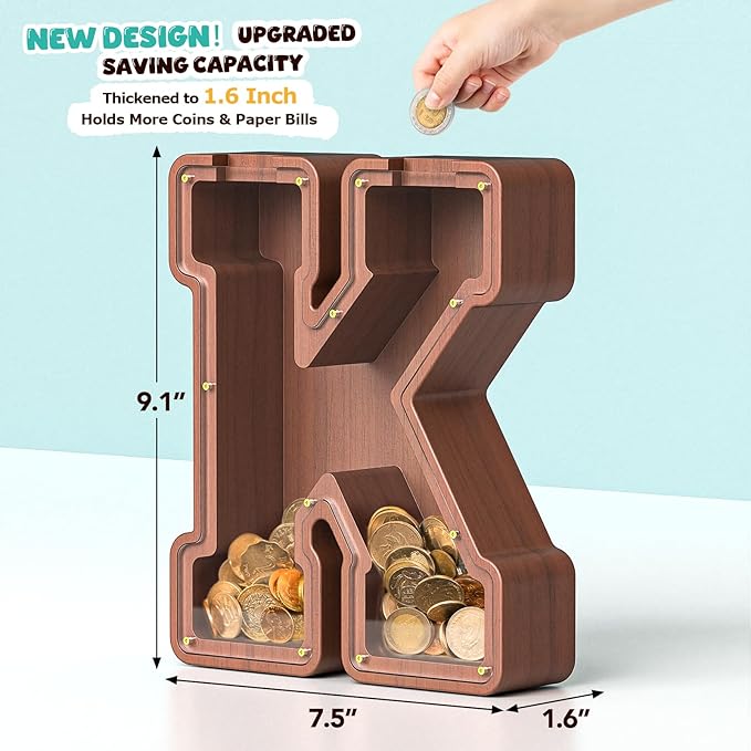 Summidate Wooden Letter Piggy Bank, Extra Thick Large Capacity Piggy Bank for Kids Boys Girls Toddler, Alphabet K Money Bank| Coin Box Birthday, Christmas, Festival
