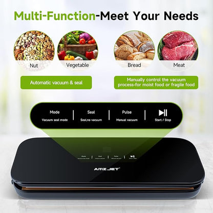 Vacuum Sealer for Food - Tempered Glass Panel, LED Touch Control, Digital Display, Pulse/Moist/Dry/Seal/External Suction Modes, Includes 30 Vacuum Bags & Built-in Cutter(Black)