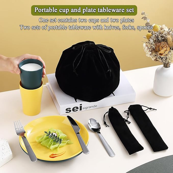 Evanda Camping Cutlery Set, Reusable Light Weight Mug, Plate and Stainless Steel Cutlery Set with Black Bag, Dishwasher Safe