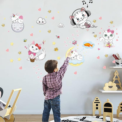Glow in The Dark Stars for Room,Cats Glowing Wall/Ceiling Decals, Kitten Butterflies Stickers for Kids Bedroom, Clouds Bees Luminous Wall Decor for Boy and Girl Living Room