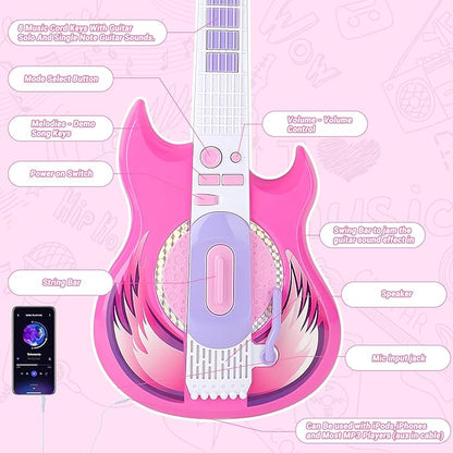 deAO Kids Guitar and Microphone Play Set with Stand for Girls, Musical Guitar Play Set, Adjustable Height Guitar Toys Karaoke Music Toys Birthday Gifts for Kids Boys Girls Toddlers
