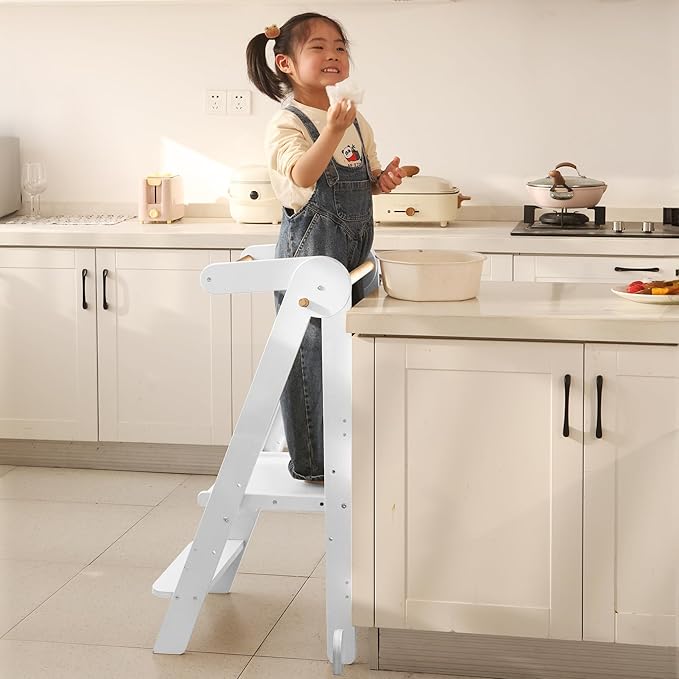 Foldable Toddler Tower 95% Preassembled Kitchen Stool Helper Folding Step Stool for Kids Montessori Toddler Standing Tower with 3 Adjustable Height Helper Tower for Kitchen Counter Sink White