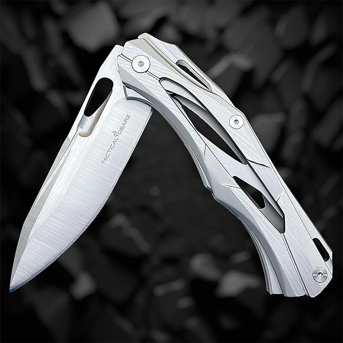 TACTICAL GEARZ Stainless Steel Pocket Knife, Brushed Nickel Stainless Steel Handle, D2 Steel Blade, Includes Sheath (Kronus)