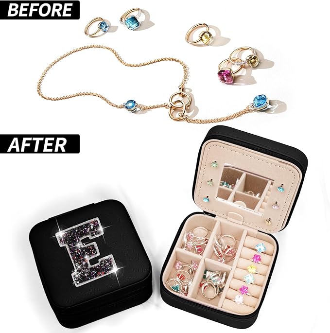 Travel Essentials for Women - Travel Accessories Travel Stuff,Mini Jewelry Organizer Jewelry Case for Traveling,Cute Personalized Jewelry Box,Birthday Gifts for Girls Women | Black,E