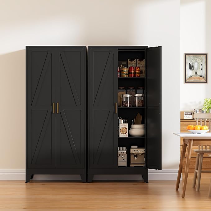 61" Tall Metal Pantry Cabinet, Kitchen Storage Cabinet with 2 Doors and 3 Adjustable Shelves for Kitchen, Living Room, Dining Room, Bathroom and Home, Office (Black, 61" H)