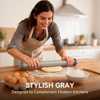 Adjustable Rolling Pin with Thickness Rings, 12.8" Silicone Non Stick Dough