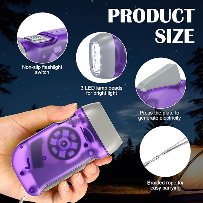Mudder 24 Pieces Hand Crank Flashlight with LED Self Powered Charging Torch Dynamo for Camping Emergency(Red, Blue, Orange, Purple)