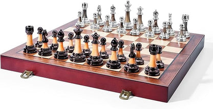 VAMSLOVE Chess Set Large 16''/42cm Folding Wooden Board with Deluxe Weighted Acrylic Chess Pieces - 3.5" King with Storage Slots for Adults House Warming Retirement Gift