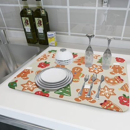 Christmas Dish Drying Mat for Kitchen Counter 18x24 Cute Gingerbread Themed