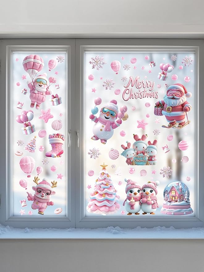 9 Sheet Christmas Pink Window Decorations - Merry Christmas Window Clings for Glass Windows, Santa Claus Snowflake Christma Windows Stickers Decals for Indoor Home Xmas Holiday Winter Party Decor